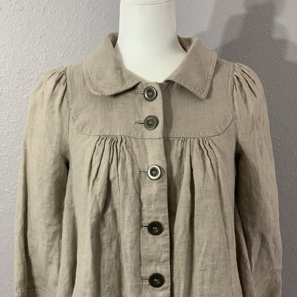 H&M 100% Linen Size 4 Swing Chore Jacket Long Sleeve Button Front Lined Pockets‎